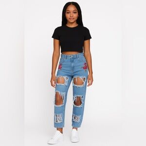High-Waisted Distressed Rose Patch Jeans for Women – Trendy Shredded Denim
